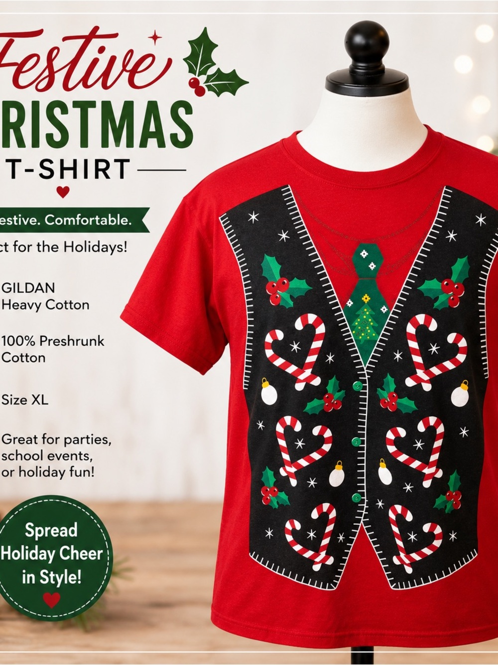 Gildan Red Kids Christmas Candy Cane Vest Tee